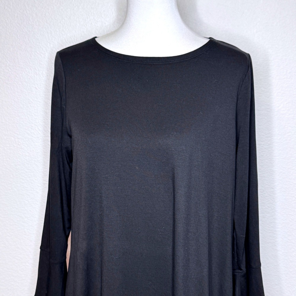 EILEEN FISHER Midi Lyocell Dress Petite LG Black 3/4 Bell Sleeves Boat Neck Ltwt - Picture 2 of 9